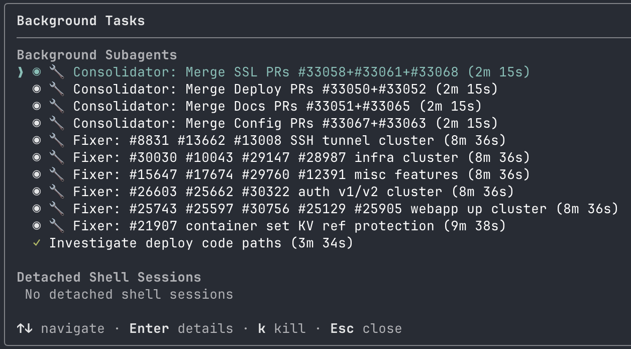 Background tasks panel showing 10+ agents