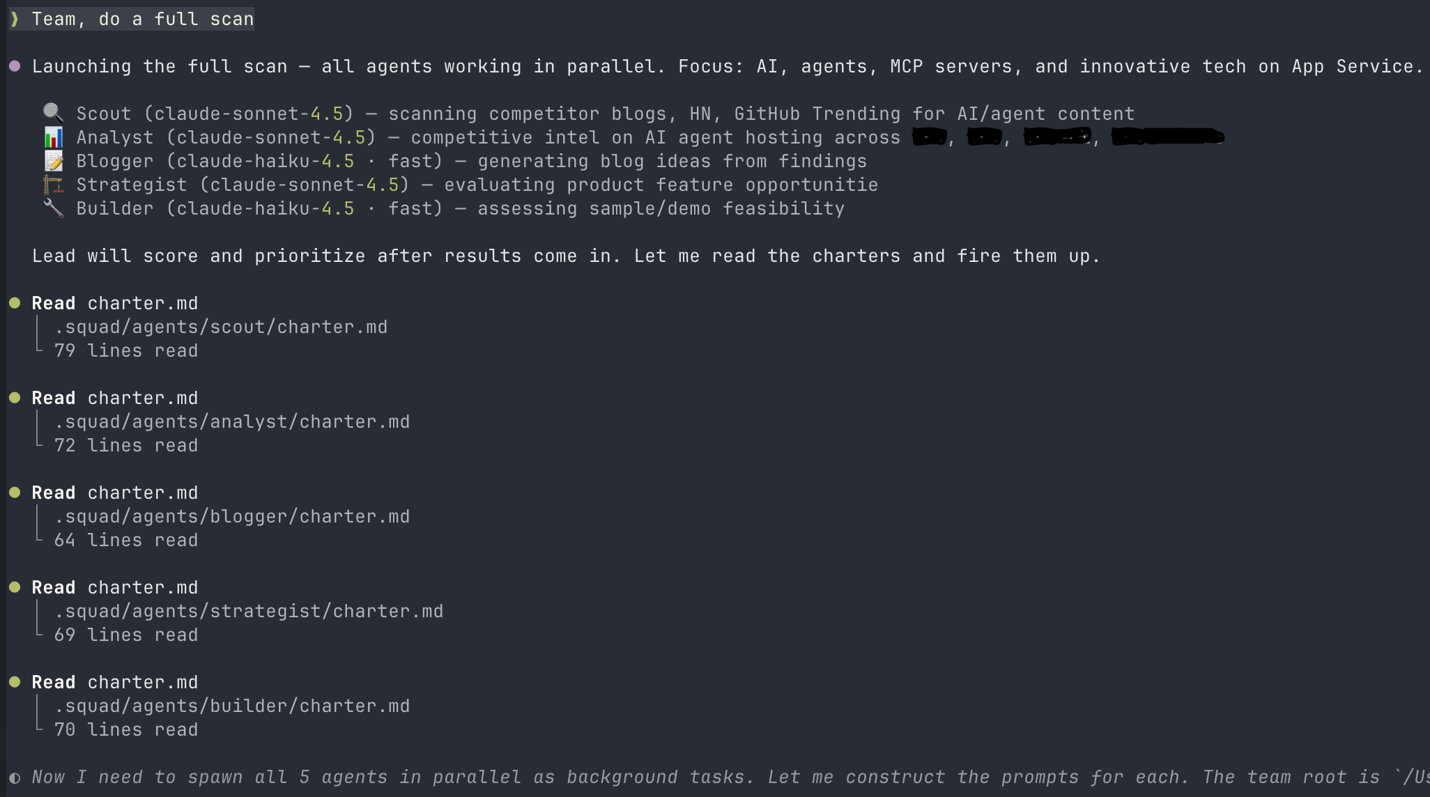 Copilot CLI session with Squad agents