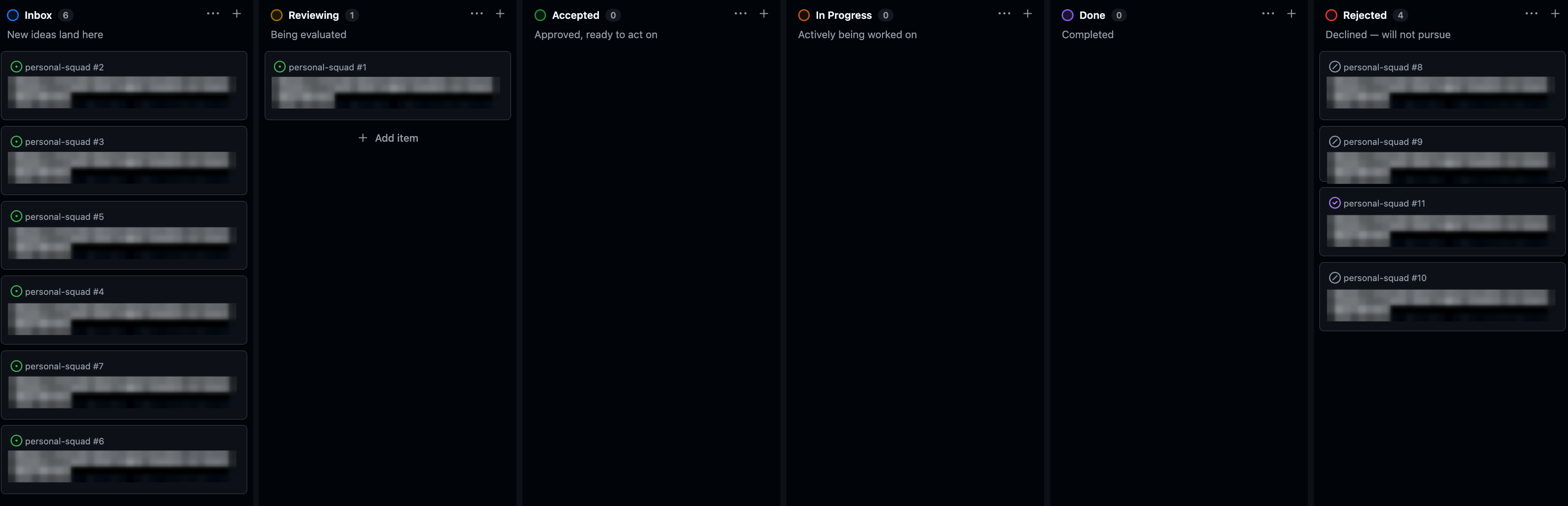 GitHub Projects board with Kanban workflow